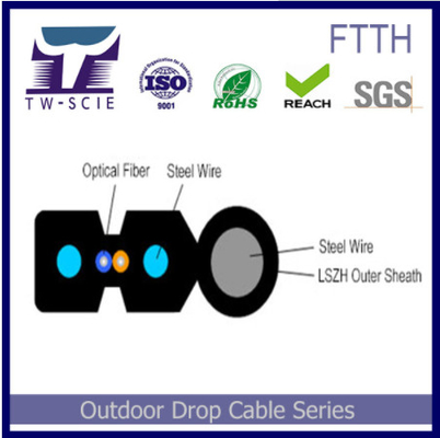 चीन FRP ग्लास फाइबर ऑप्टिक FTTH एरियल ड्रॉप केबल G657A SM 2 फाइबर GJXFH ब्लैक के साथ